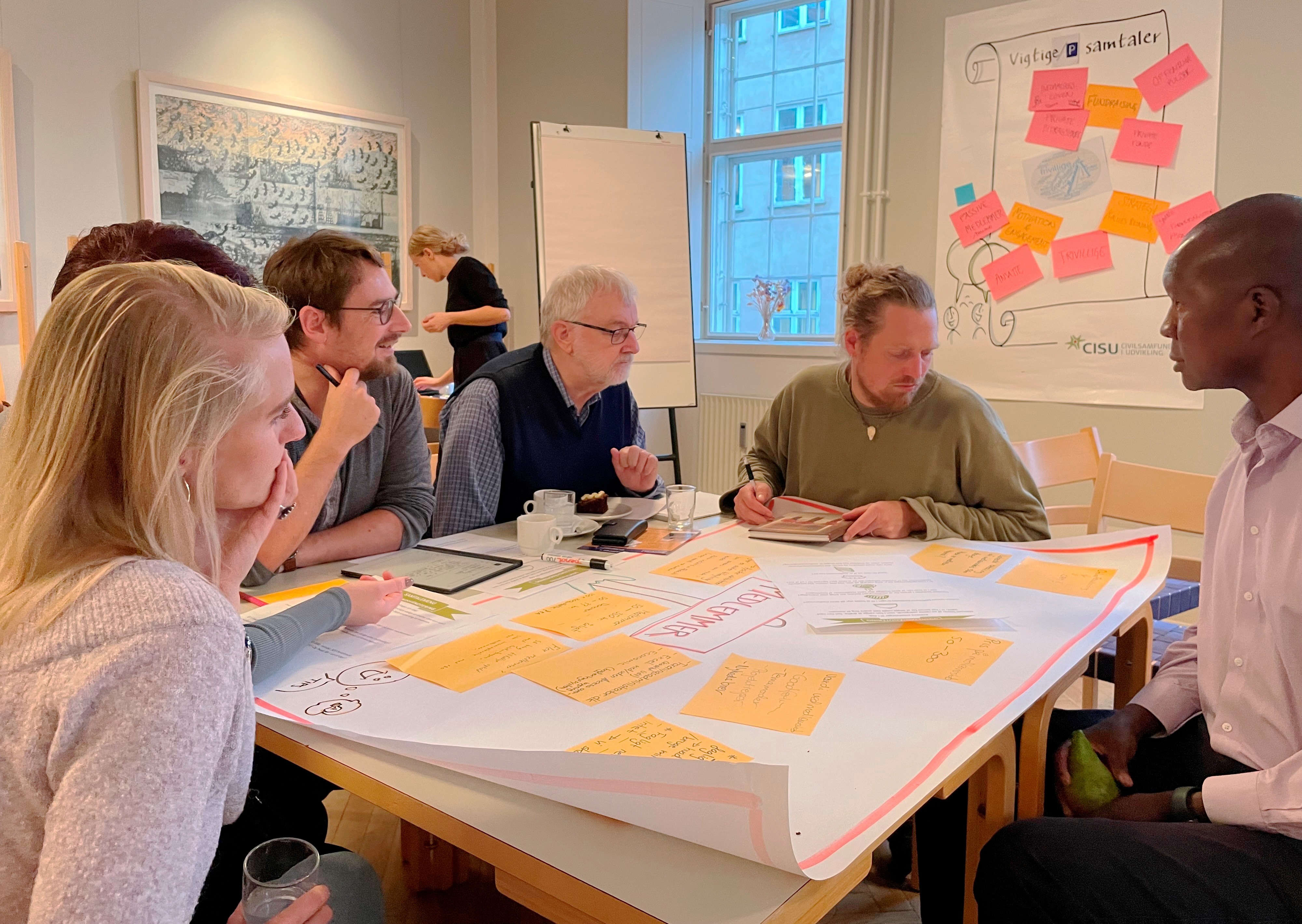 Mennesker samlet rundt om et bord der kigger på store post-its
